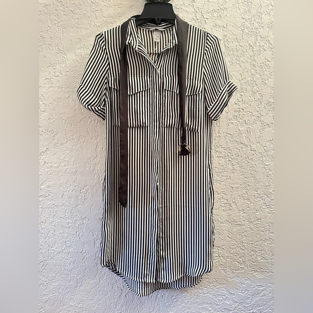 Black and White Striped Shirt Dress with belt